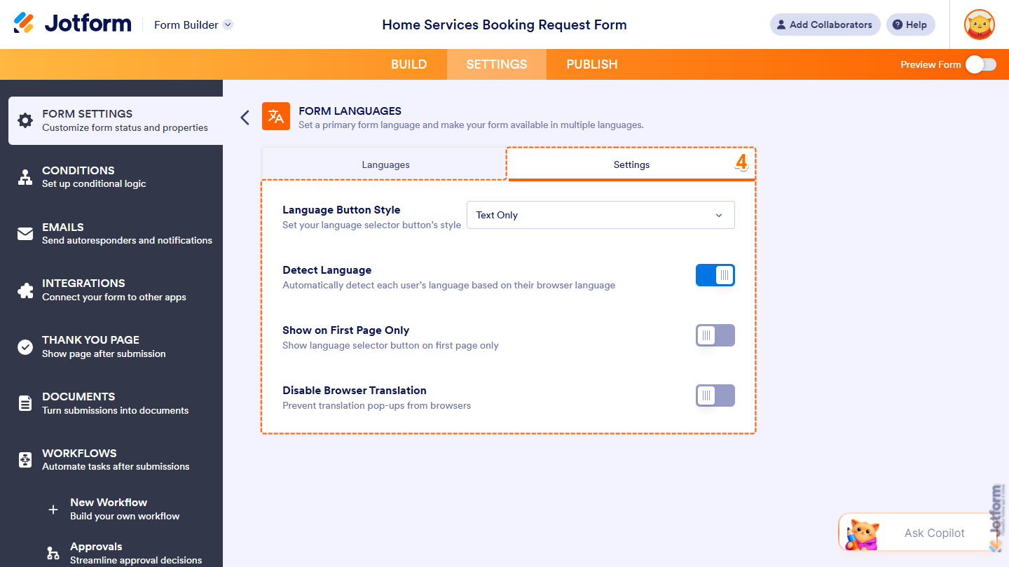 Different Language settings under the Settings tab in the Form Languages section of the Form Settings tab in Jotform Form Builder