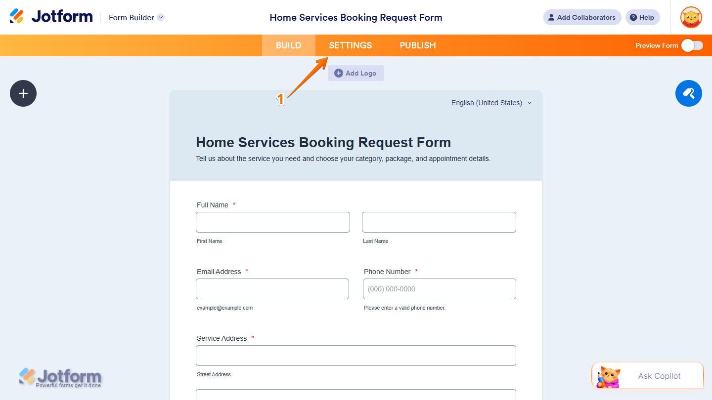 Settings button in the orange navigation bar in Jotform Form Builder
