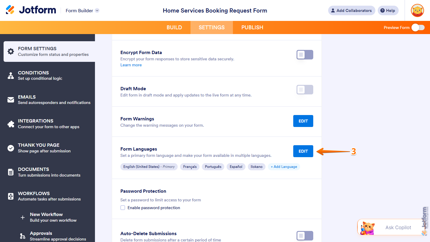 Edit button of the Form Languages setting under the Form Settings tab in Jotform Form Builder