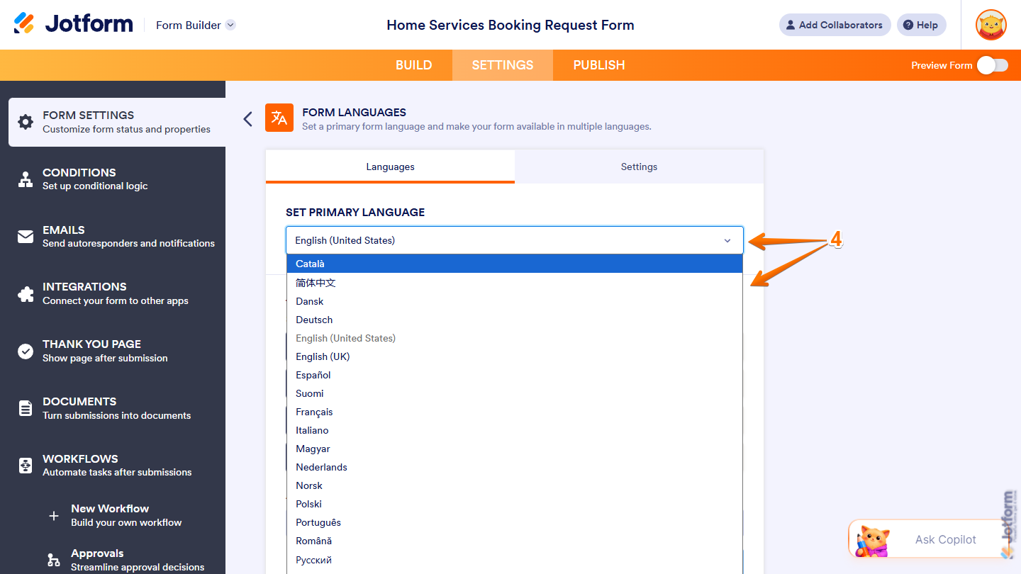 Set Primary Language Dropdown menu under the Languages tab in the Form Languages section of the Form Settings tab in Jotform Form Builder