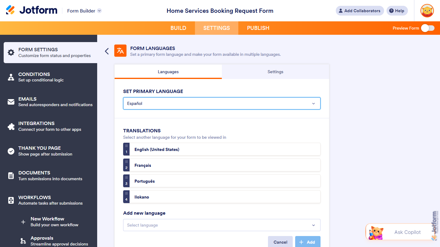 New Primary Language set under the Languages tab in the Form Languages section of the Form Settings tab in Jotform Form Builder