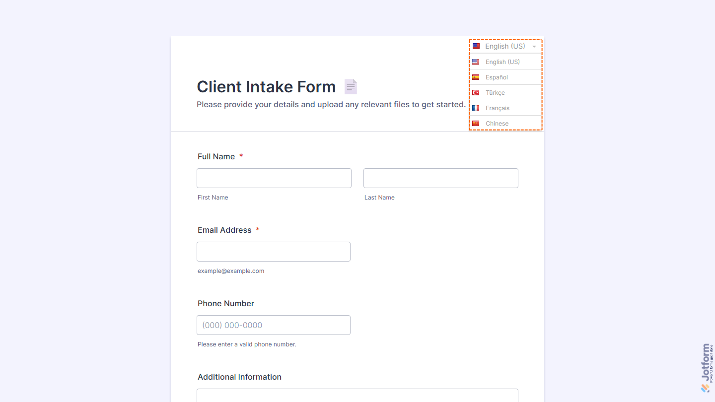 Live form showing multilingual language selector in the top-right corner in Jotform