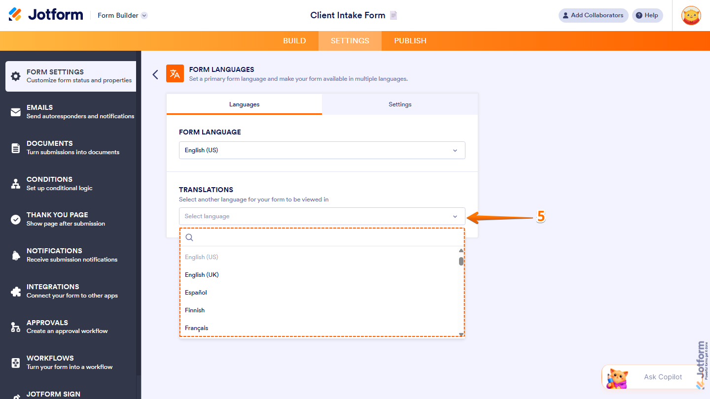 Form Languages settings showing Select Language dropdown and search bar in Jotform
