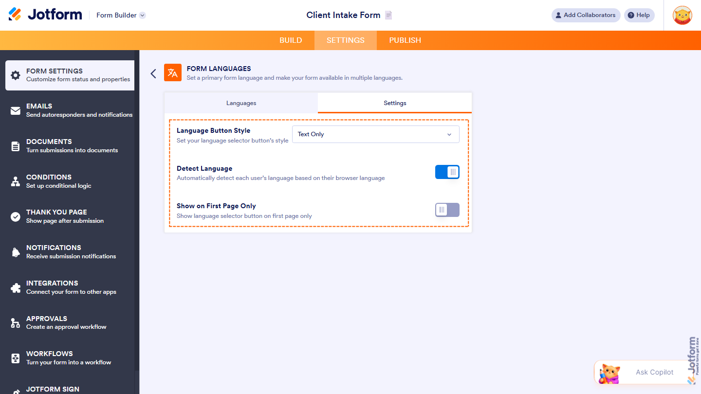 Form Languages Settings tab showing language selector style detection and visibility options in Jotform