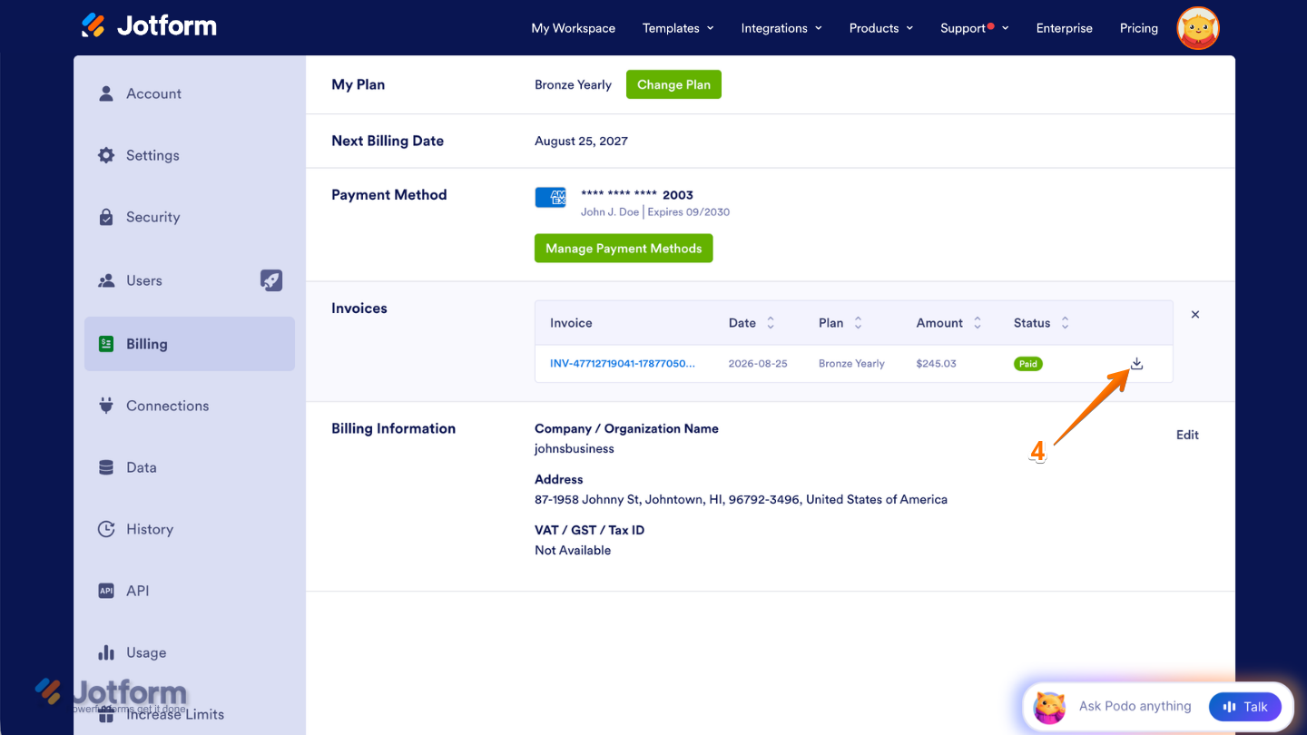 Billing page showing the Download icon next to an invoice