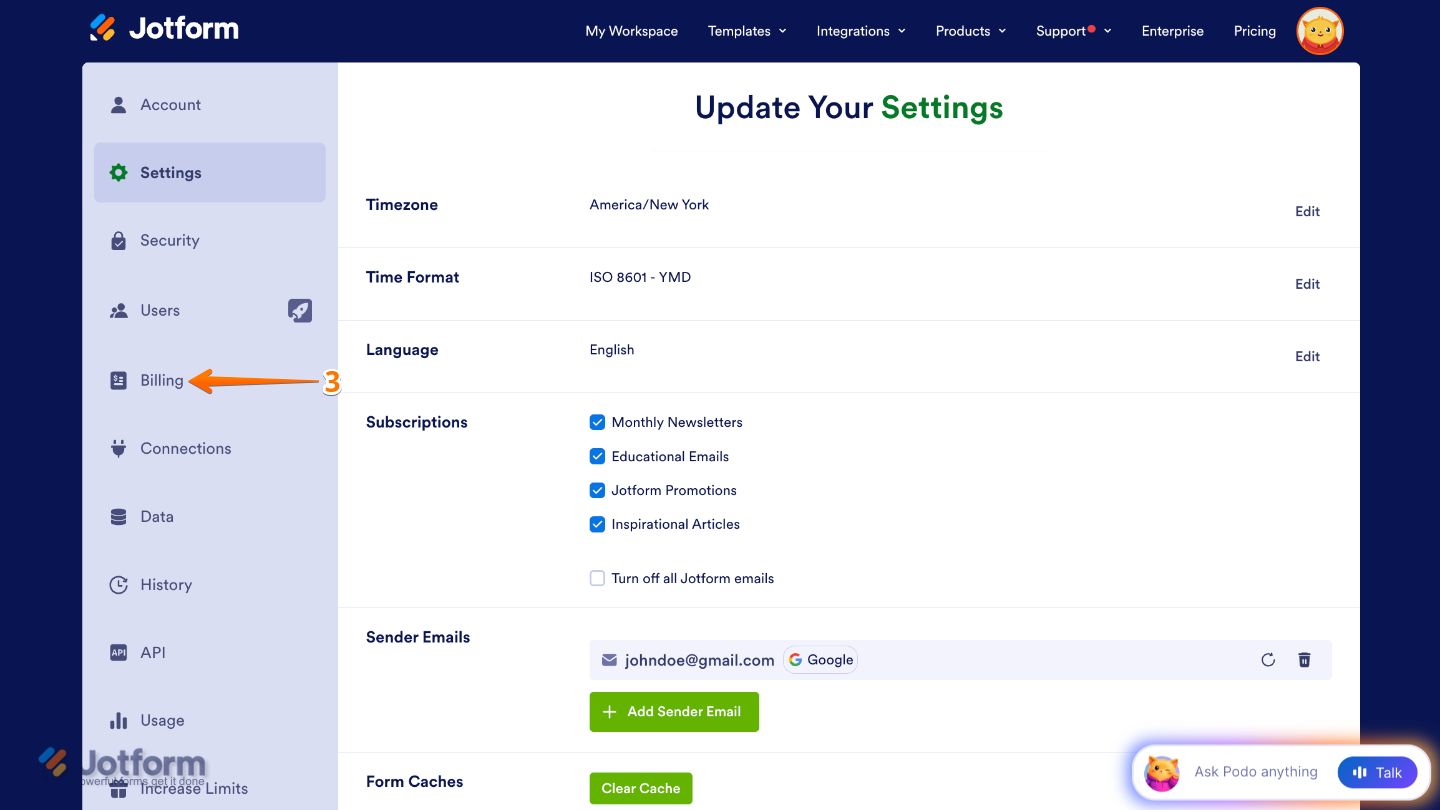 Account Settings page highlighting the Billing option in the left-side menu and displaying invoices