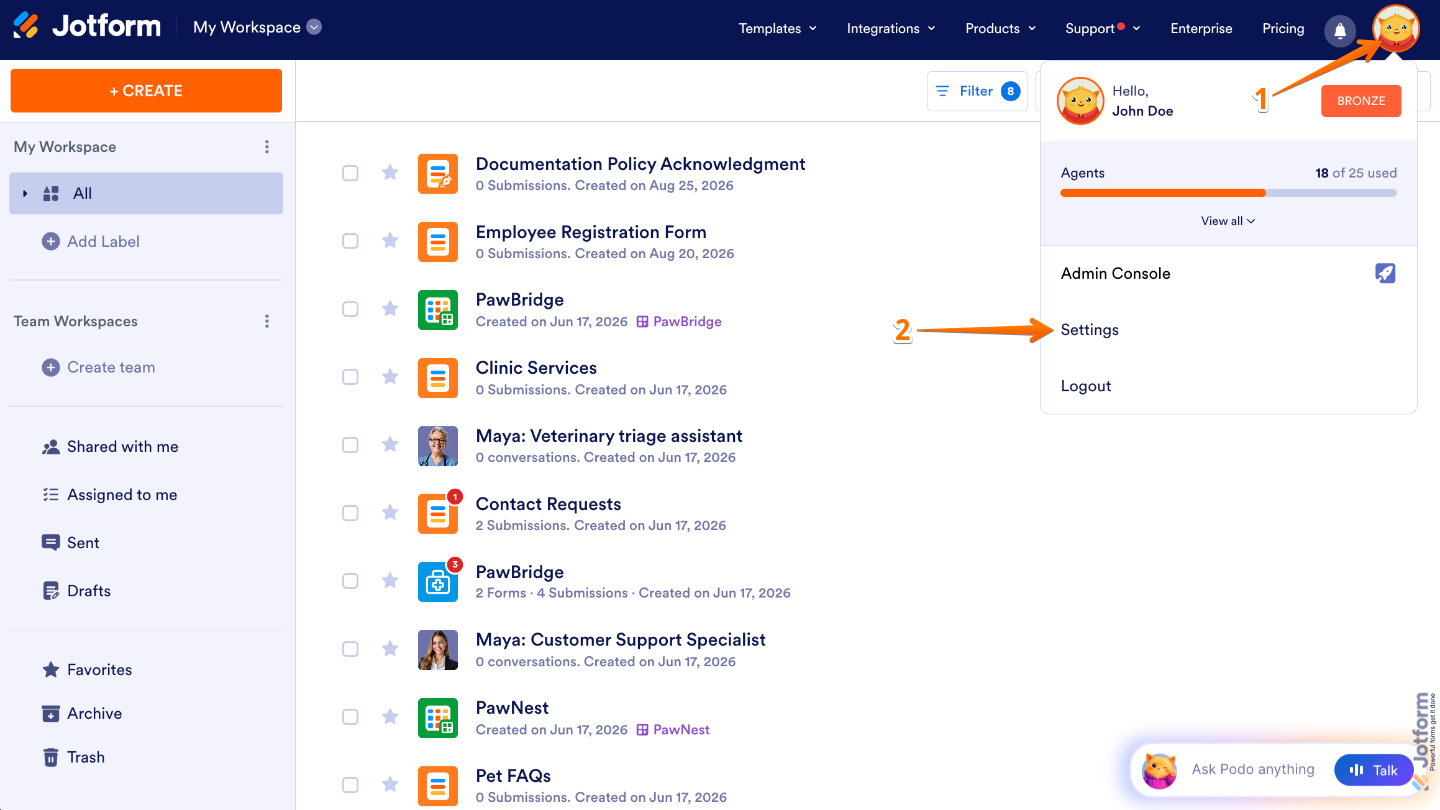Workspace highlighting the Avatar/Profile Image and Settings option in the top-right menu