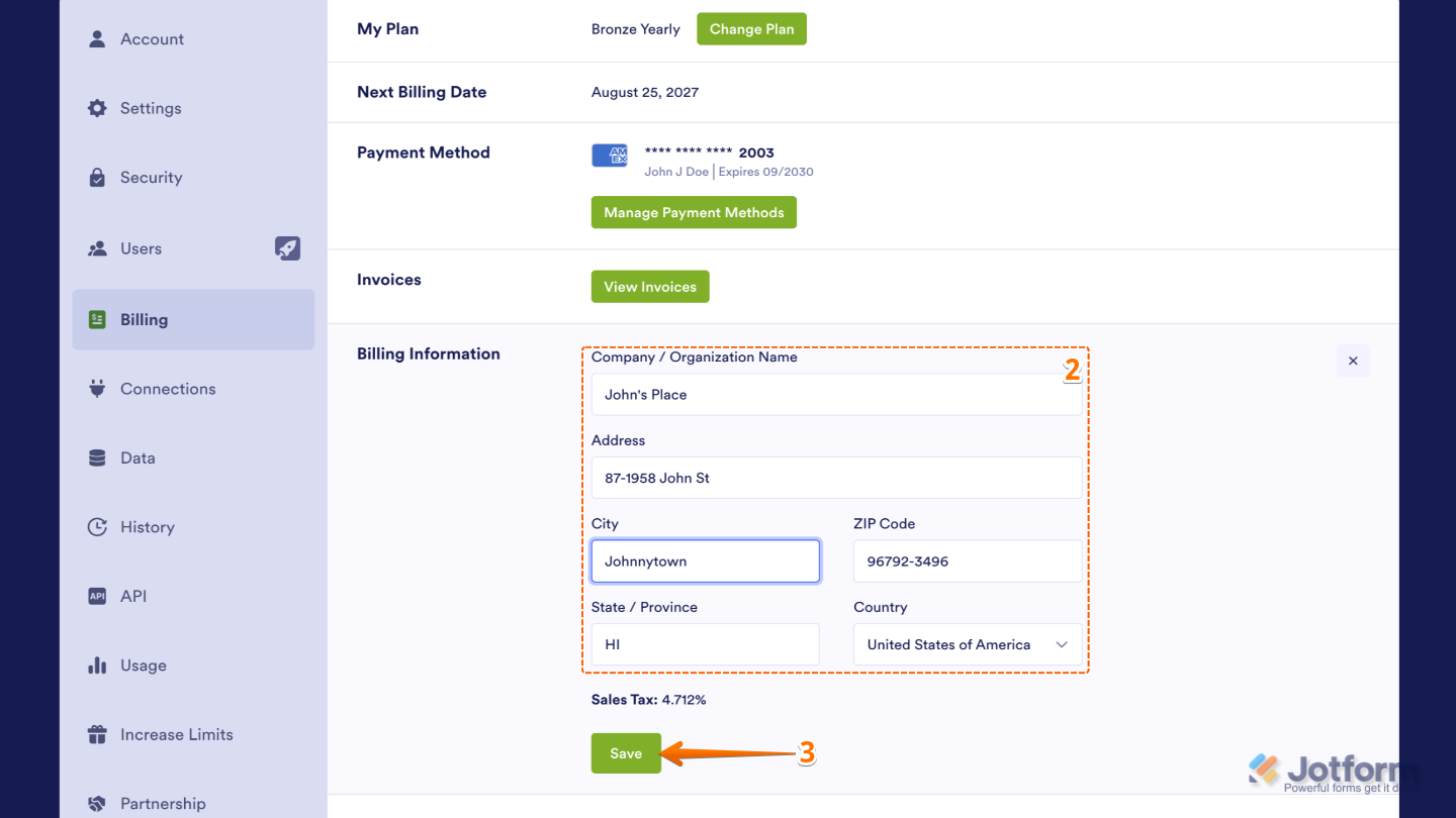 Billing Information form showing fields for updating billing details and the Save button