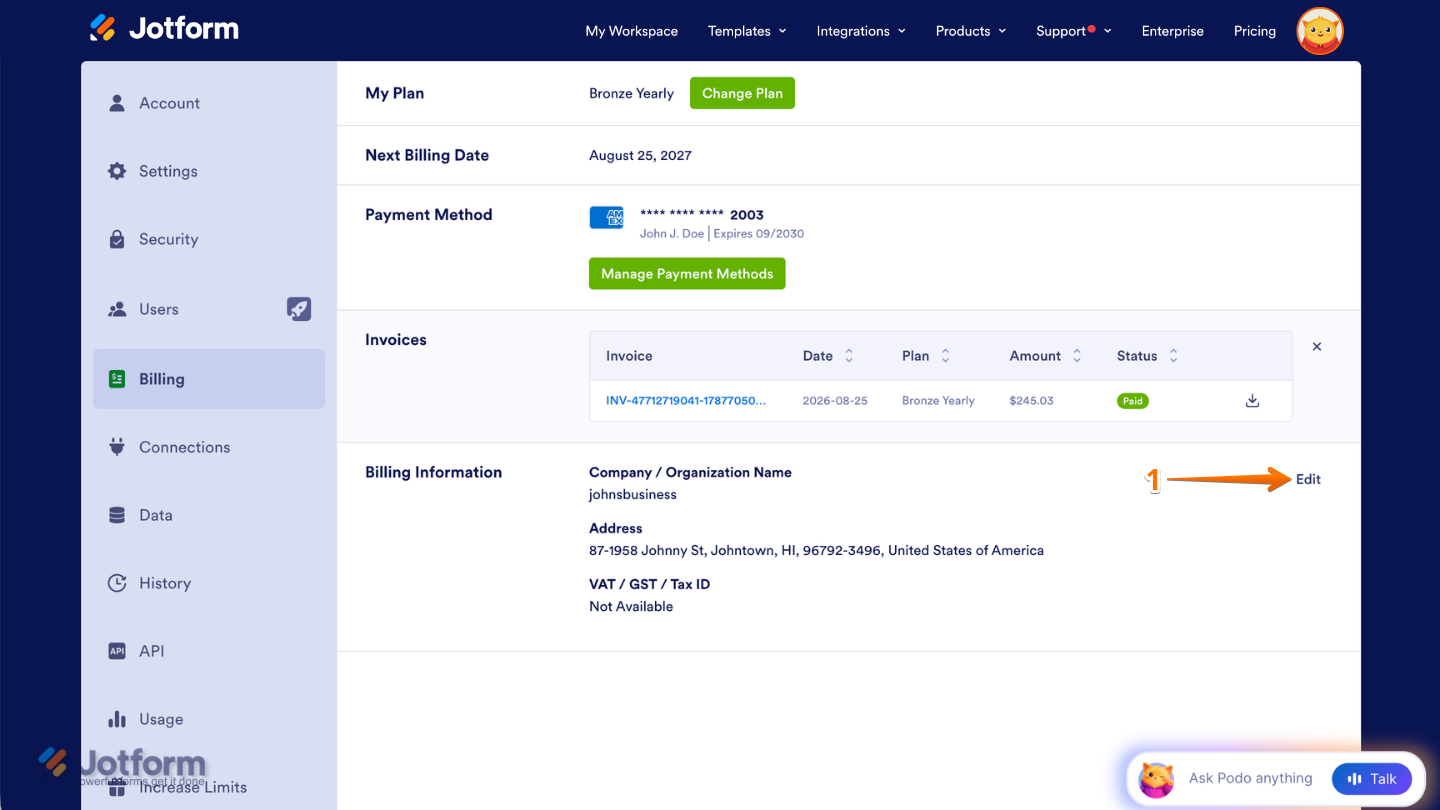 Account Billing page highlighting the Edit option under the Billing Information section