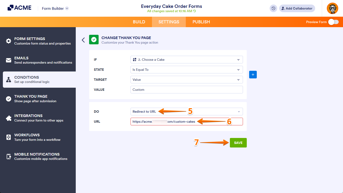 Do and URL fields and Save button in the Change Thank You Page section in the Settings tab of Form Builder