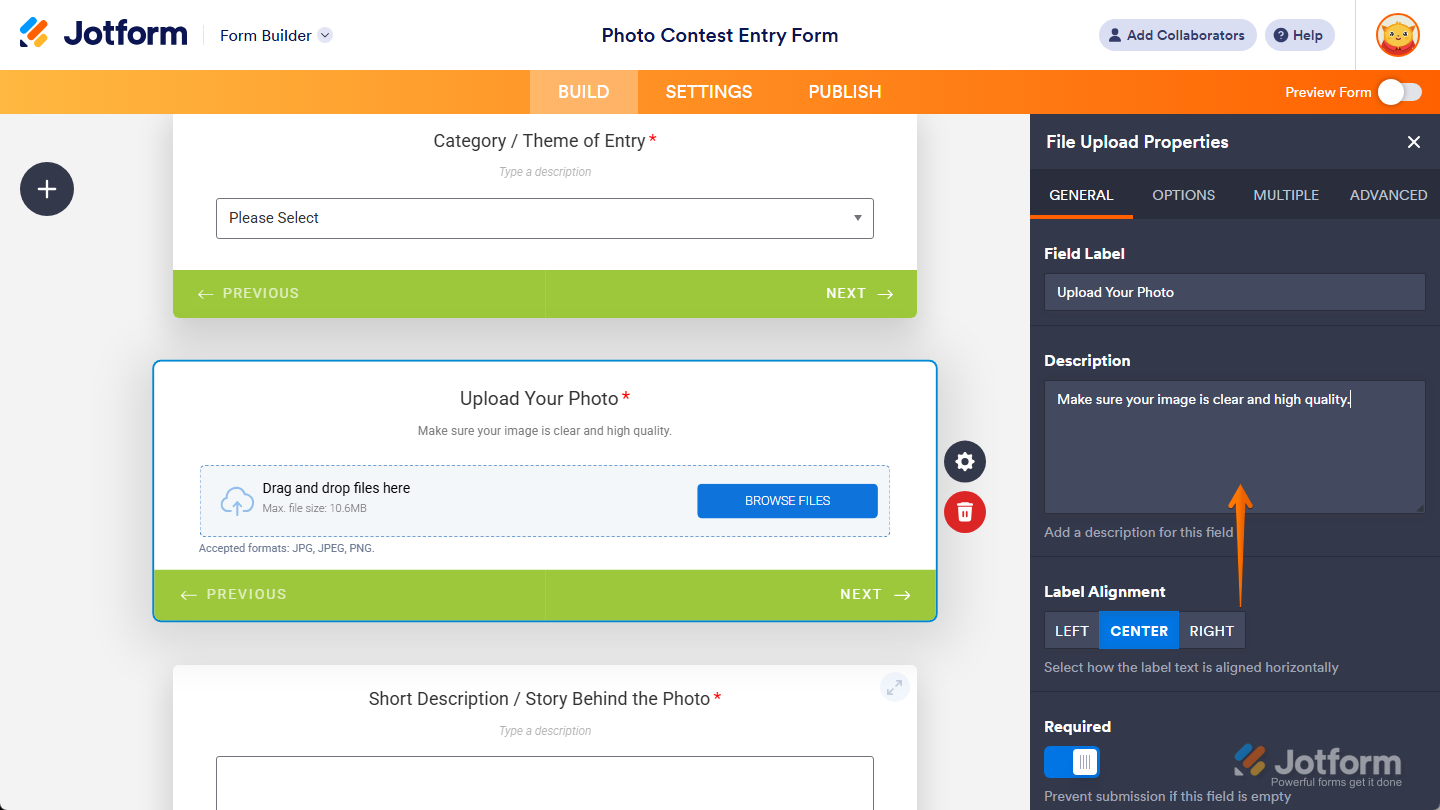 Description property under the General tab of the File Upload Properties menu in Jotform Cards Form Builder