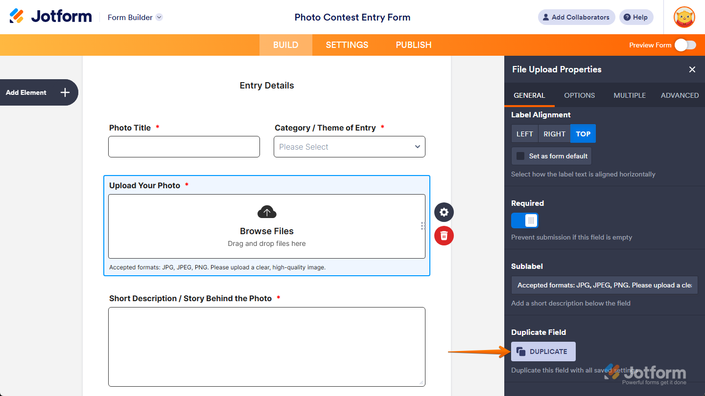 Duplicate button under the General tab of the File Upload Properties menu in Jotform Form Builder