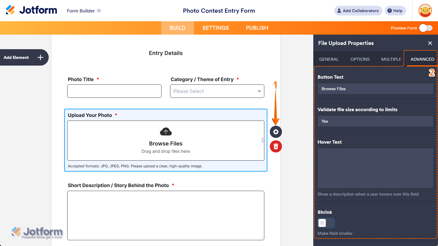 Different properties under the Advanced tab of the File Upload Properties menu in Jotform Form Builder