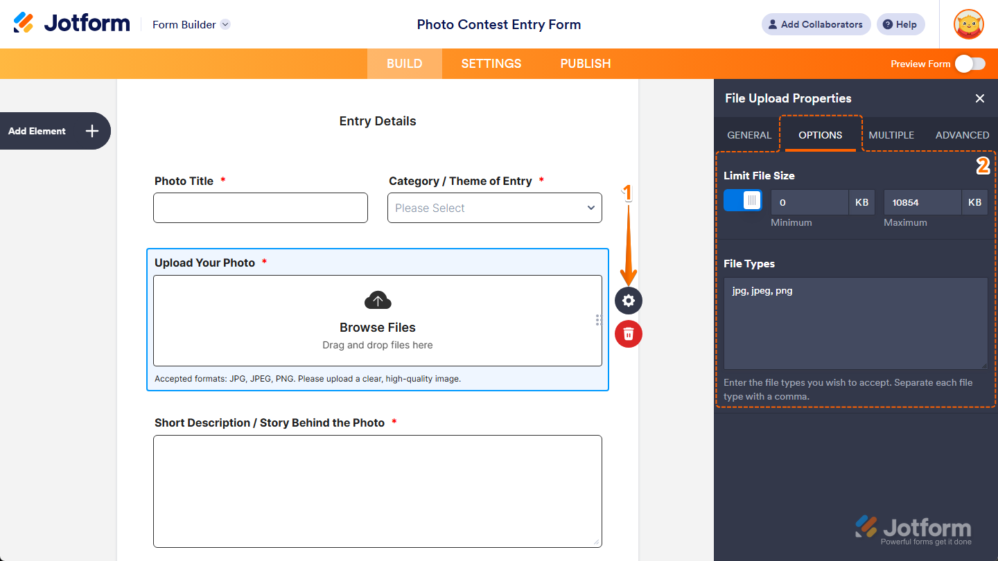 Different properties under the Options tab of the File Upload Properties menu in Jotform Form Builder