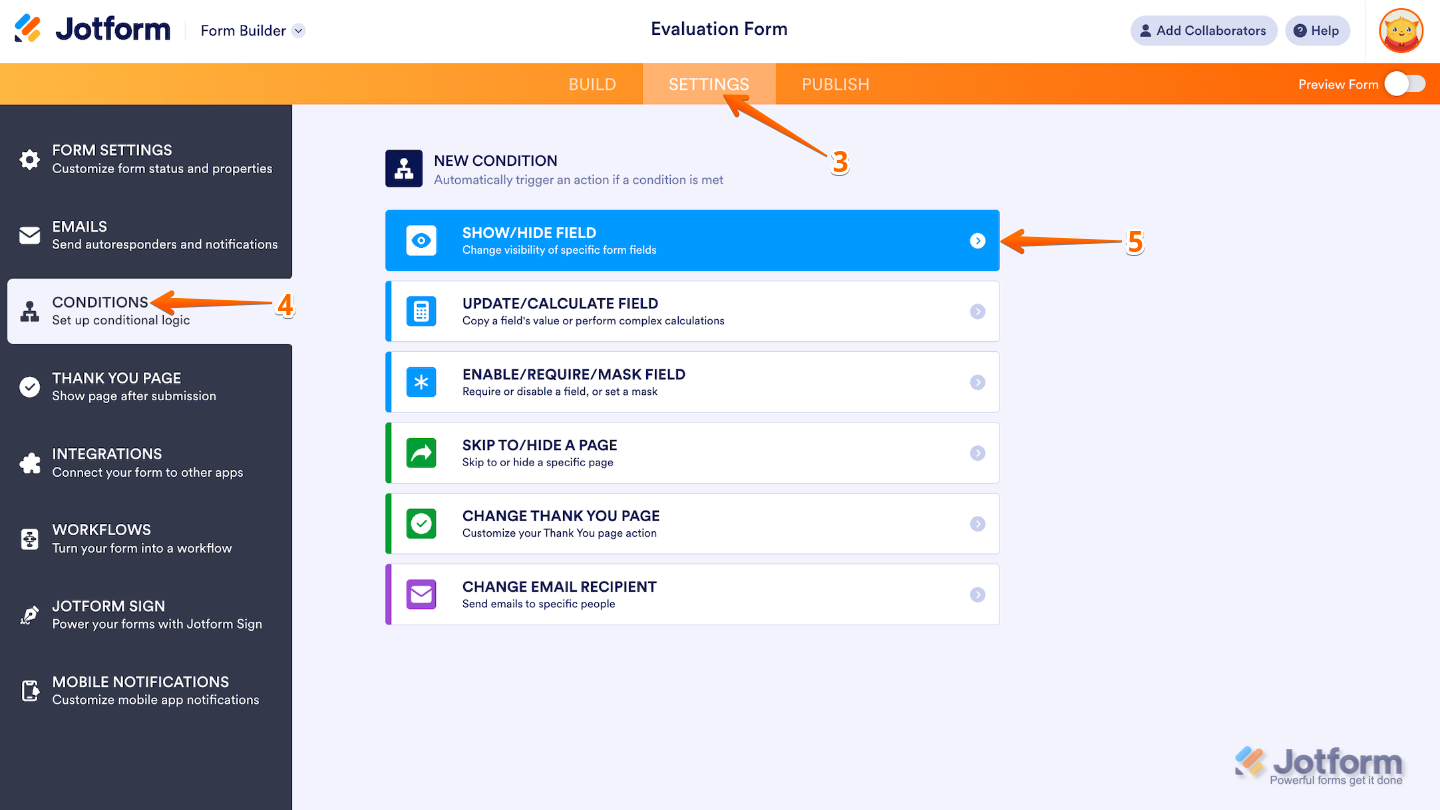 Form Builder Settings page showing the Conditions menu with the New Condition option Show/Hide Field selected