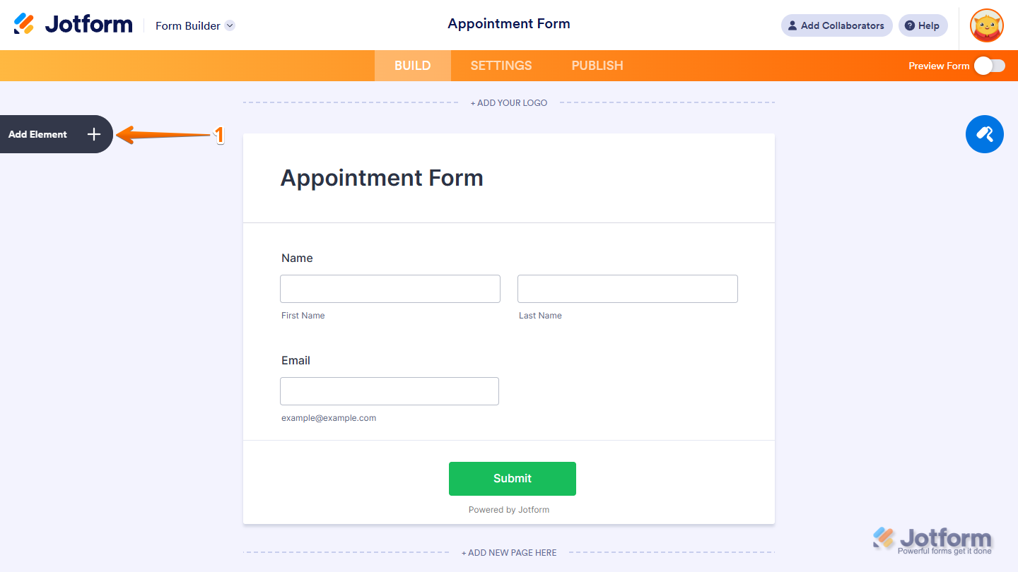 Opening Add Element in Jotform Form Builder to add a Date Picker field