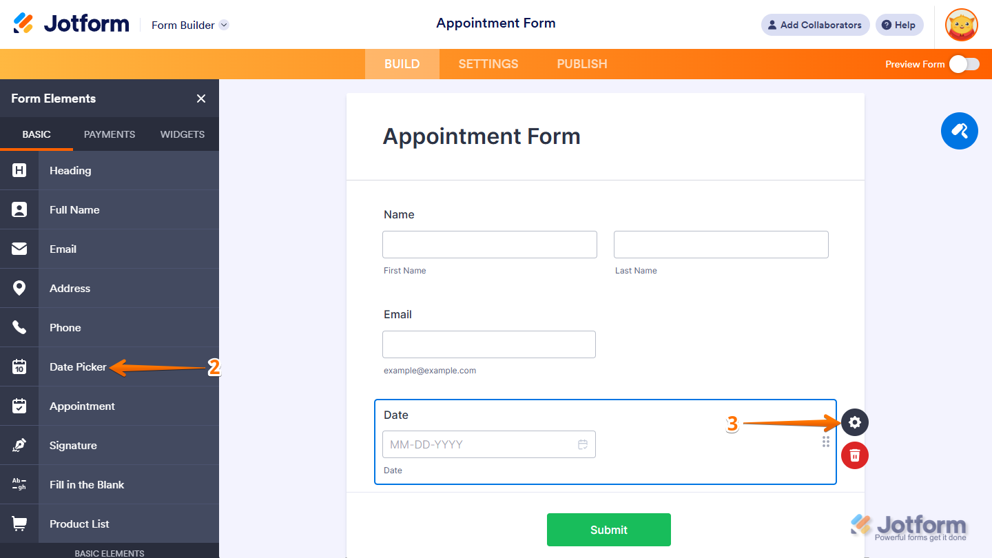 Clicking the Date Picker field and opening its settings in Jotform Form Builder