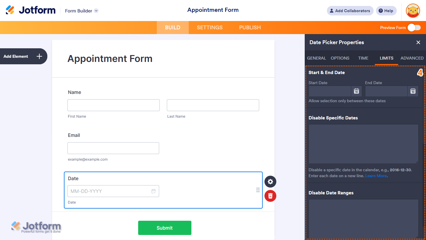 Configuring date limits under the Limits tab in the Date Picker properties panel in Jotform.
