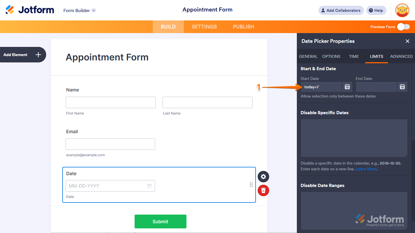 Start Date of Date Picker in Jotform Form Builder