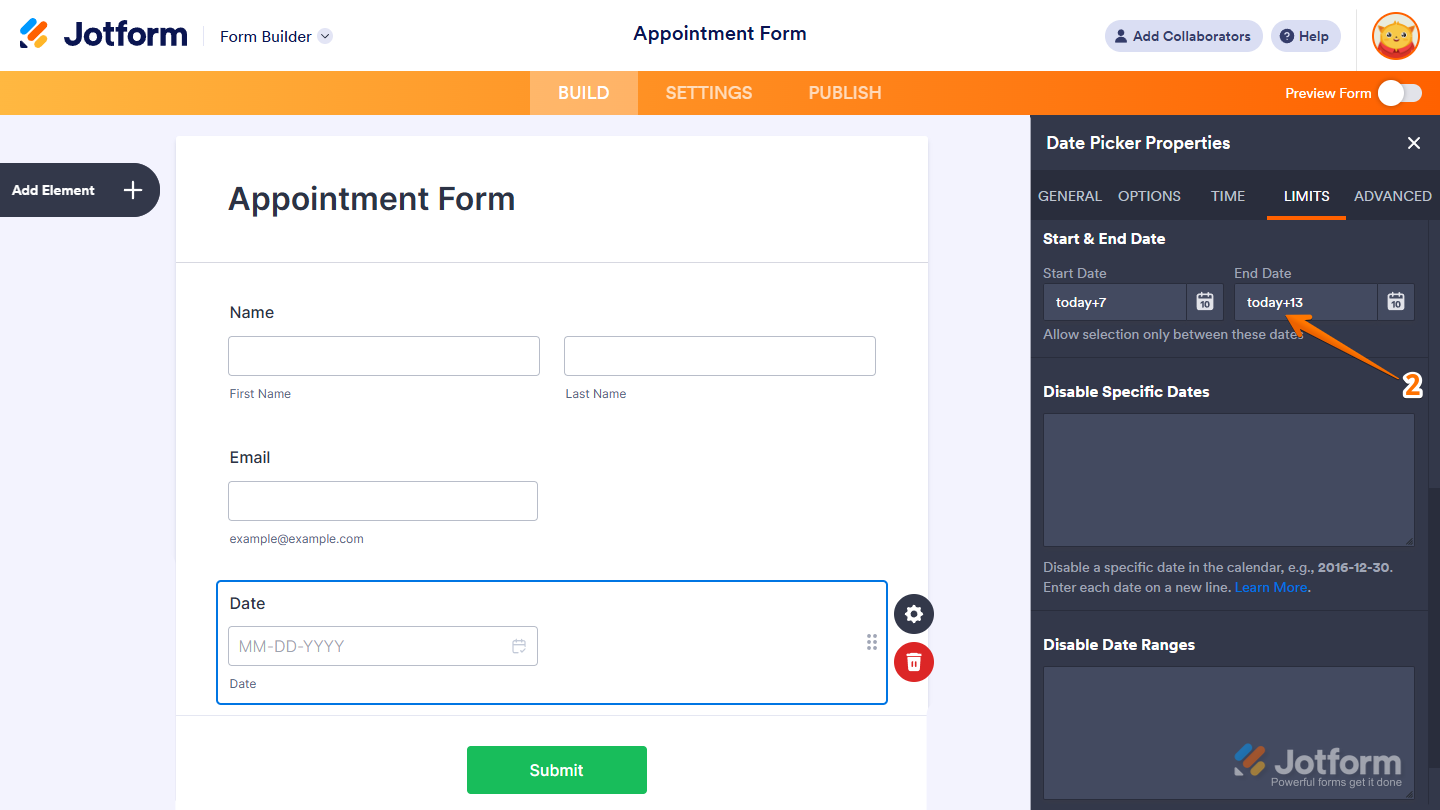 End Date of Date Picker in Jotform Form Builder
