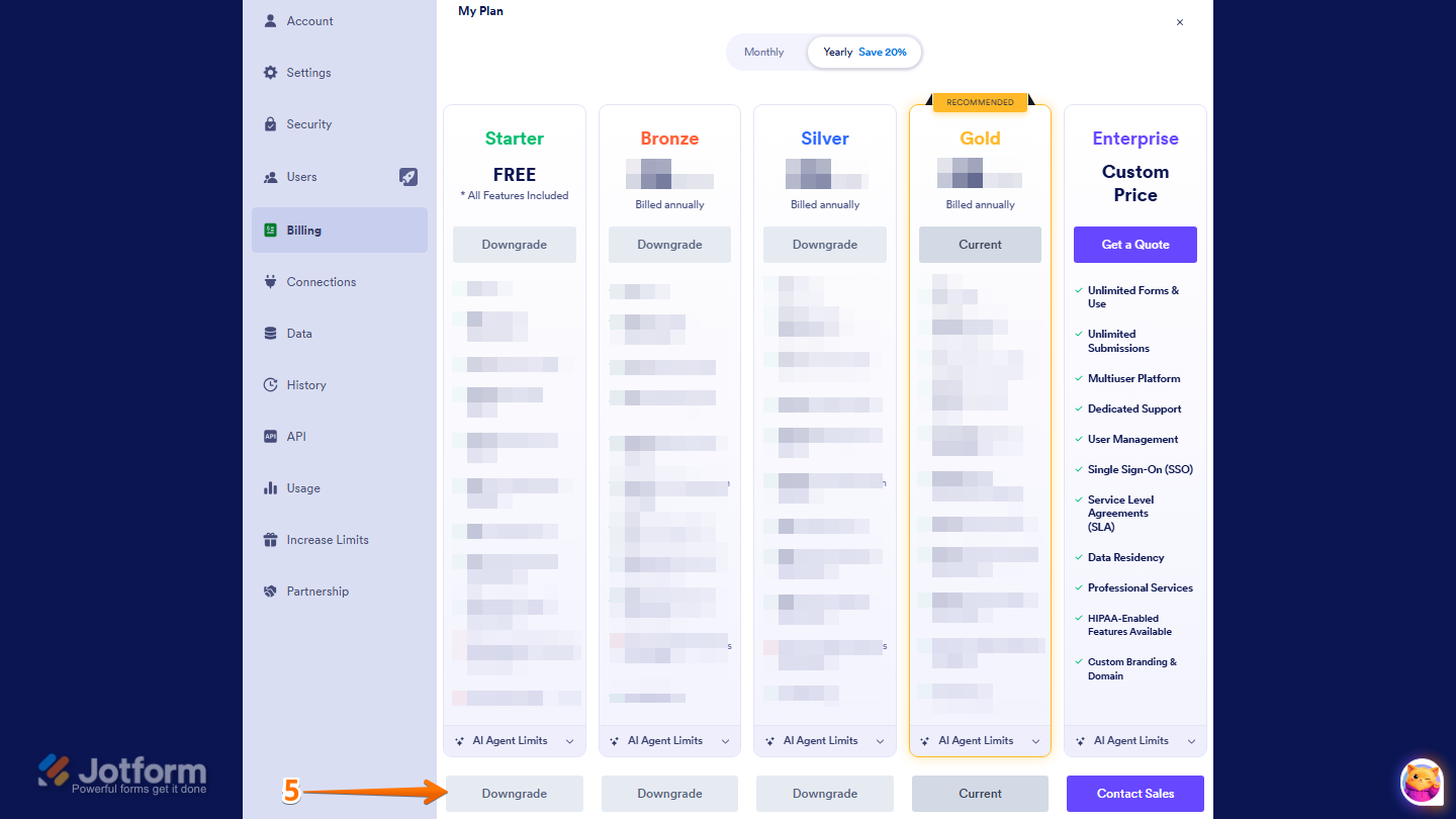 Jotform Billing page showing the Starter (Free) Plan with the Downgrade button at the bottom of the plan card