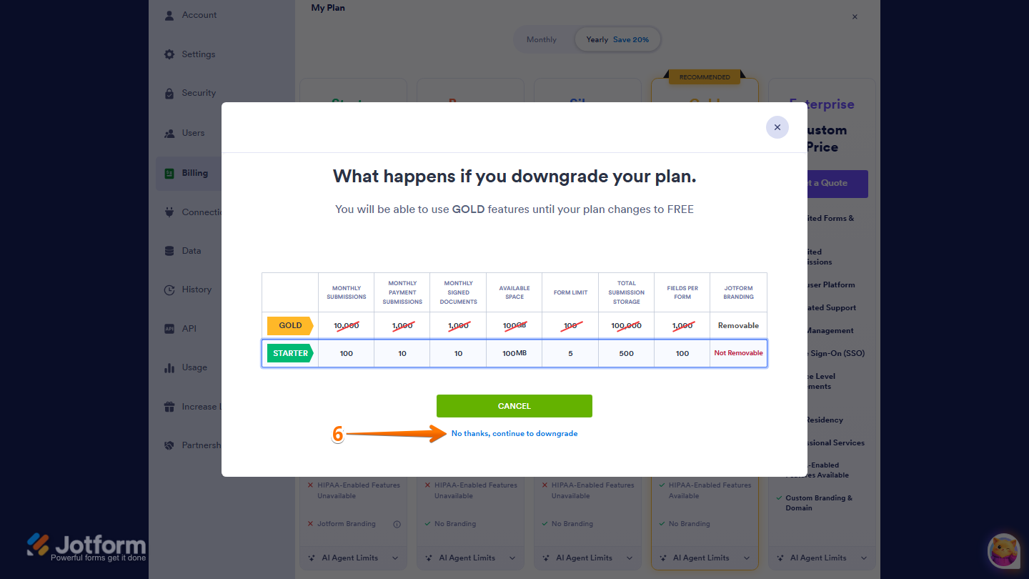Jotform What Happens if You Downgrade Your Plan confirmation window displaying the changes that will apply to the account, with the No Thanks, Continue to Downgrade button available to proceed