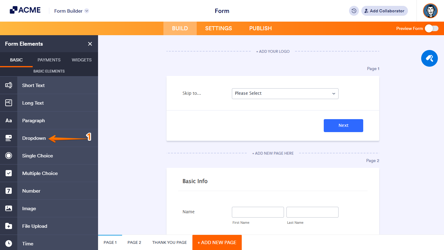Dropdown form element added in the Form Builder