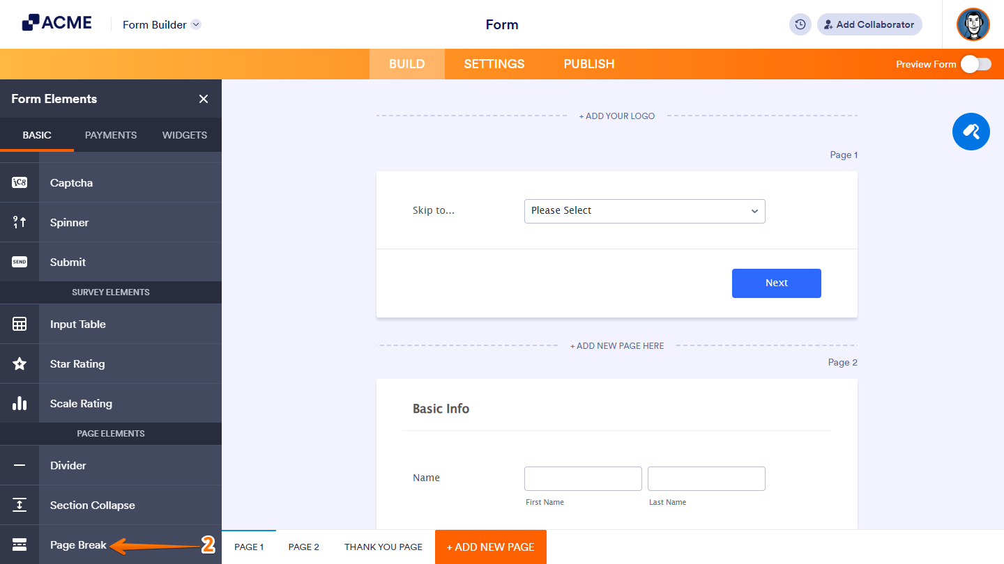 Page Break elements added to split the form into multiple pages in Form Builder