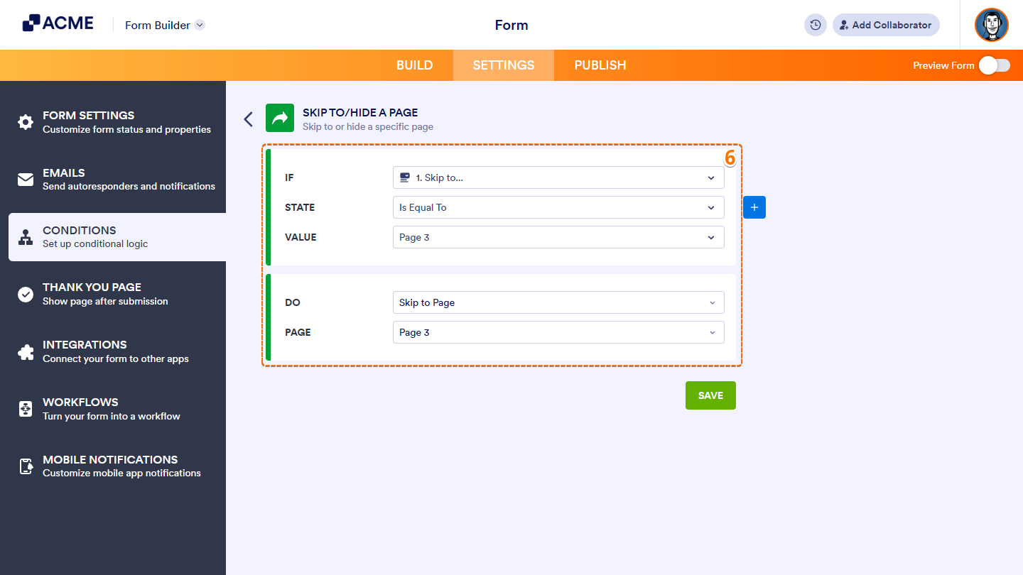 Example of a Skip Page condition showing a dropdown selection that triggers a jump to a specific page in the form