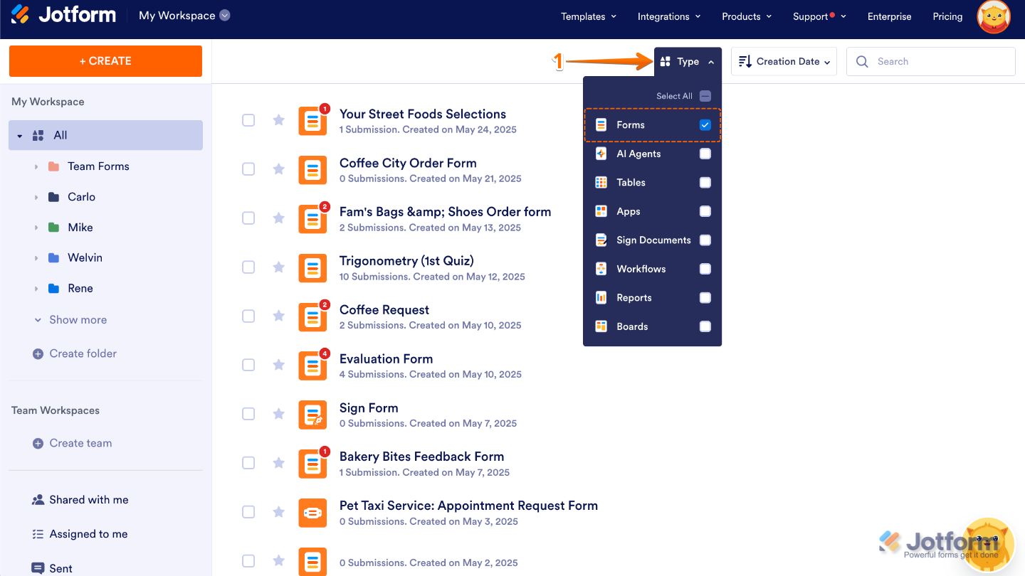 Workspace page showing the Type dropdown menu with all asset types unchecked except Forms to display only form assets