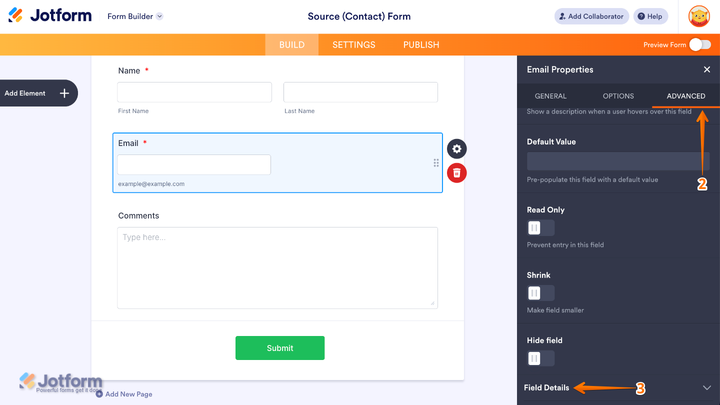 Field Properties panel showing the Advanced tab with the Field Details option selected