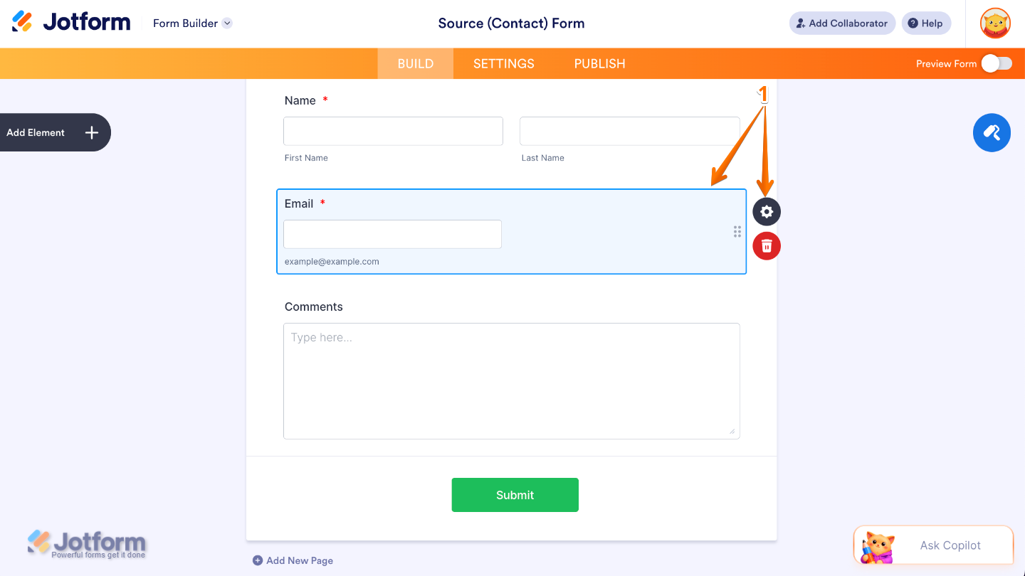 Form Builder showing a selected form field with the Gear icon used to open field settings
