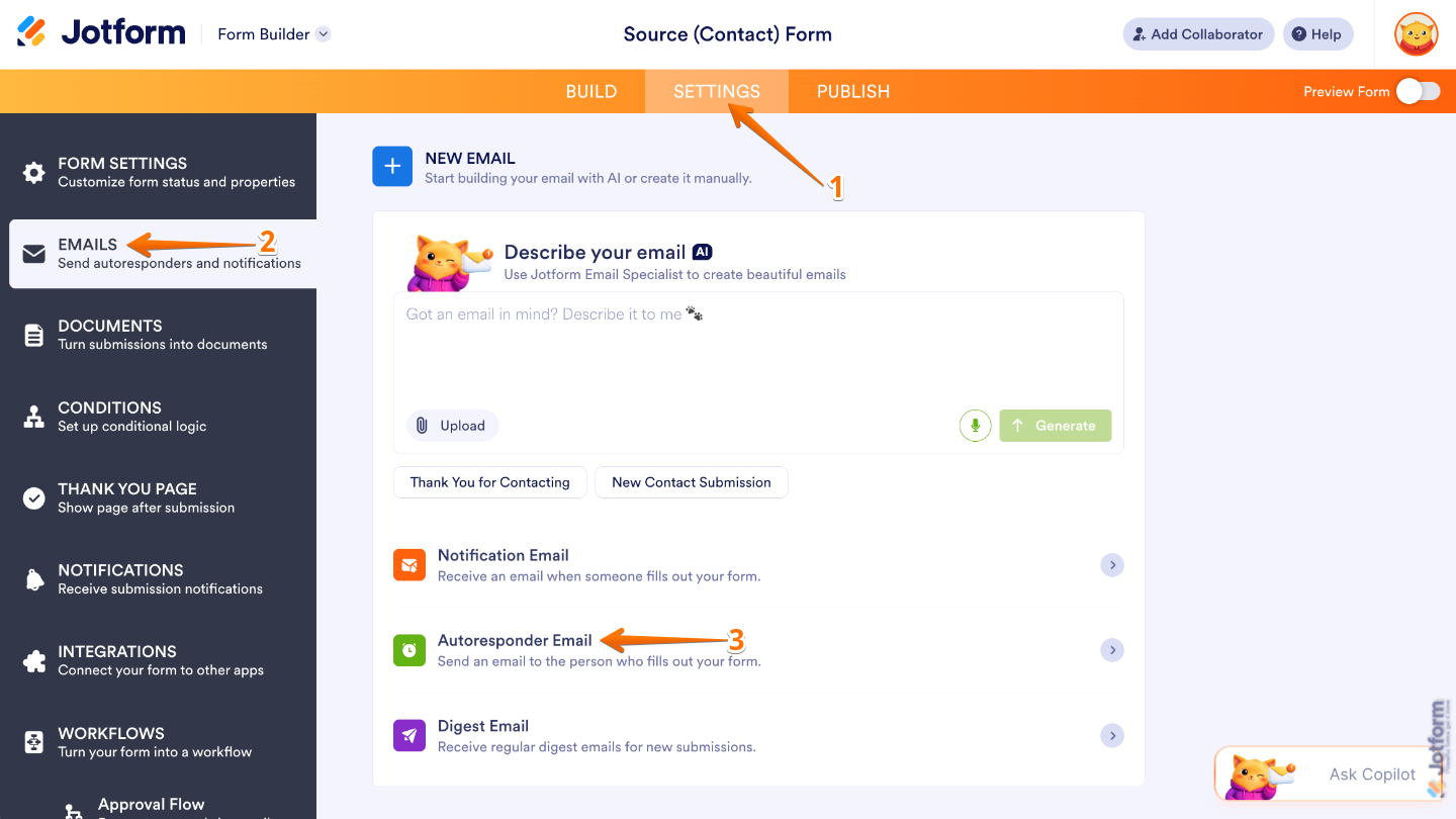 Form settings showing the Emails section with the Autoresponder Email option selected