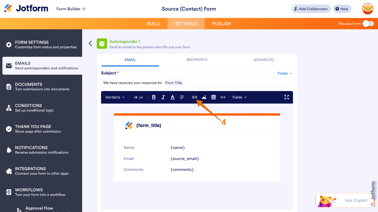 Autoresponder Email editor showing the Hyperlink icon in the formatting toolbar