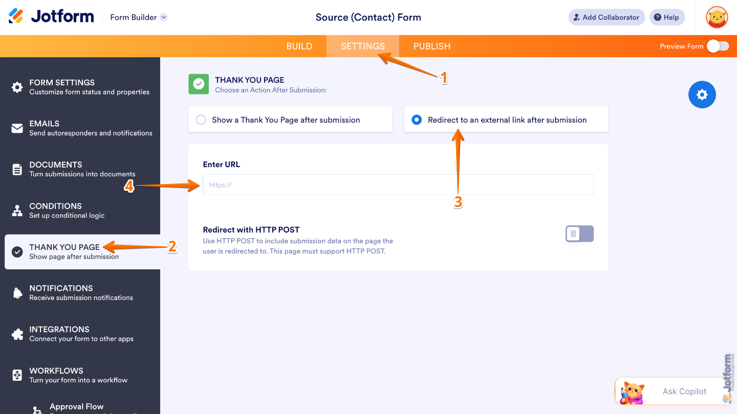 Thank You Page settings showing the Redirect to an external link after submission option with a landing page URL entered
