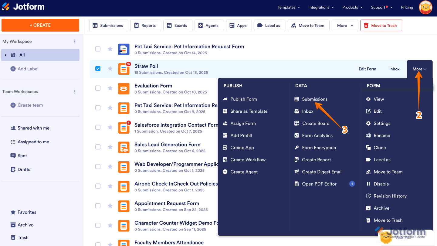 Workspace showing a form hovered with the More menu open and Submissions selected under the Data column
