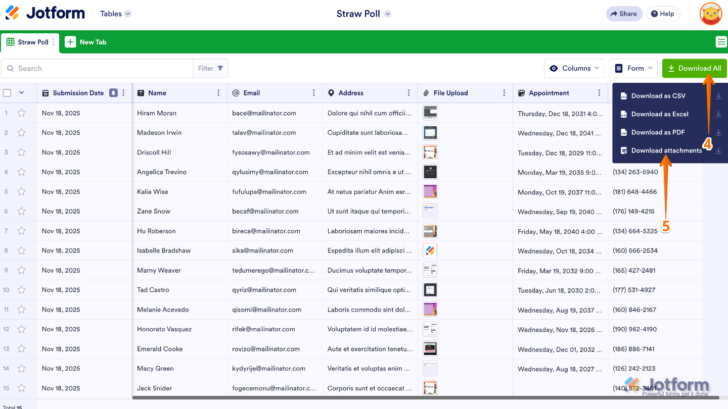 Tables interface showing the Download All button with the Download Attachments option selected