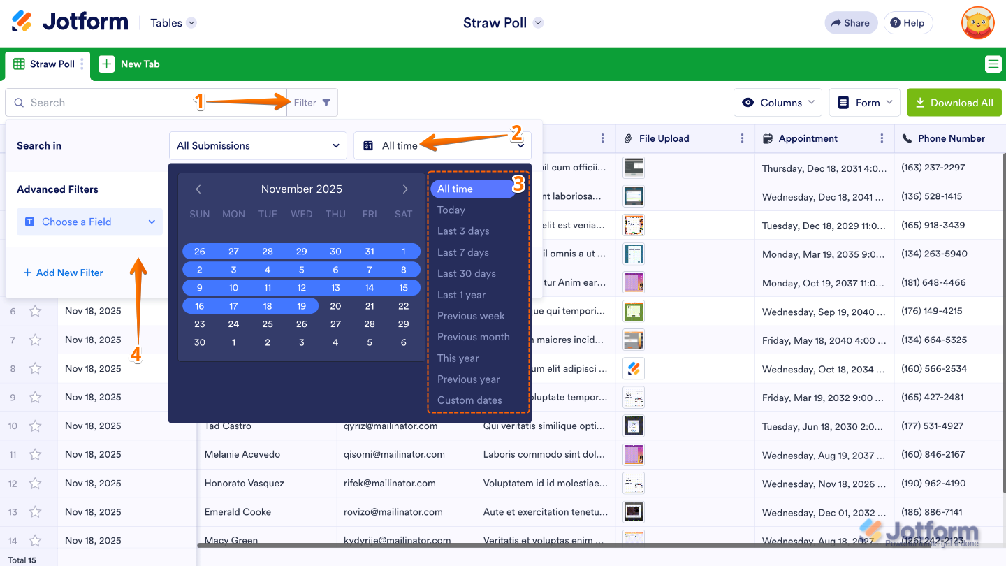 Form Tables interface showing the Filter option on the left and the All Time dropdown used to select a time range