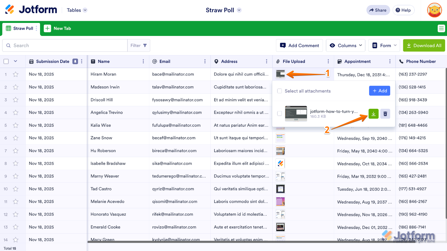 Form Tables interface showing a selected uploaded file with the Download icon to save it locally