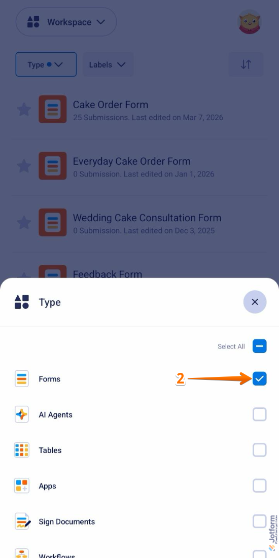 Forms option in Type menu in Workspace of the Jotform Mobile App