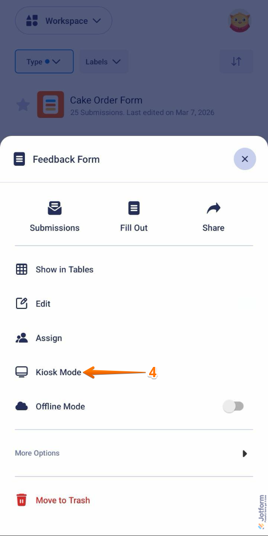 Kiosk Mode option in the Form menu in Workspace of the Jotform Mobile App