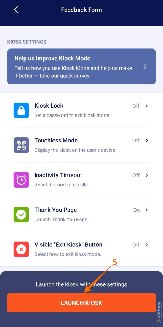 Kiosk Settings of a form in Jotform Mobile App