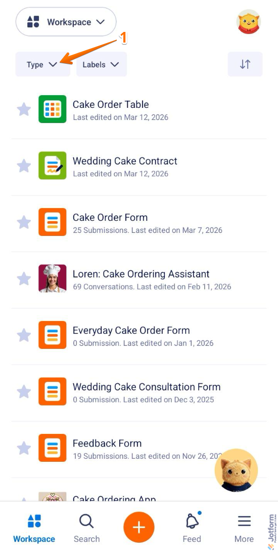 Type dropdown in Workspace of the Jotform Mobile App