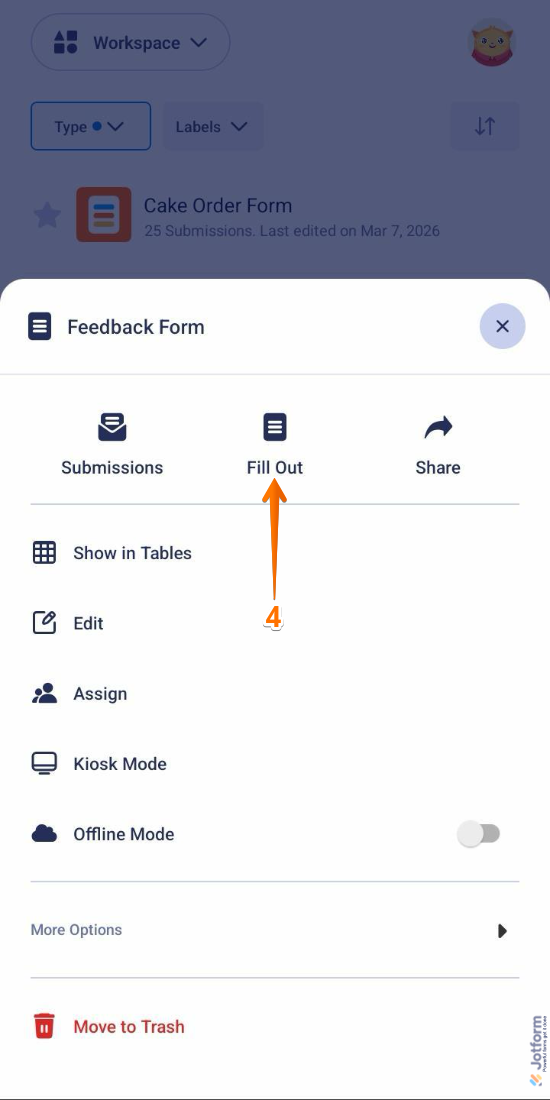 Fill Out option in the Form menu in Workspace of the Jotform Mobile App