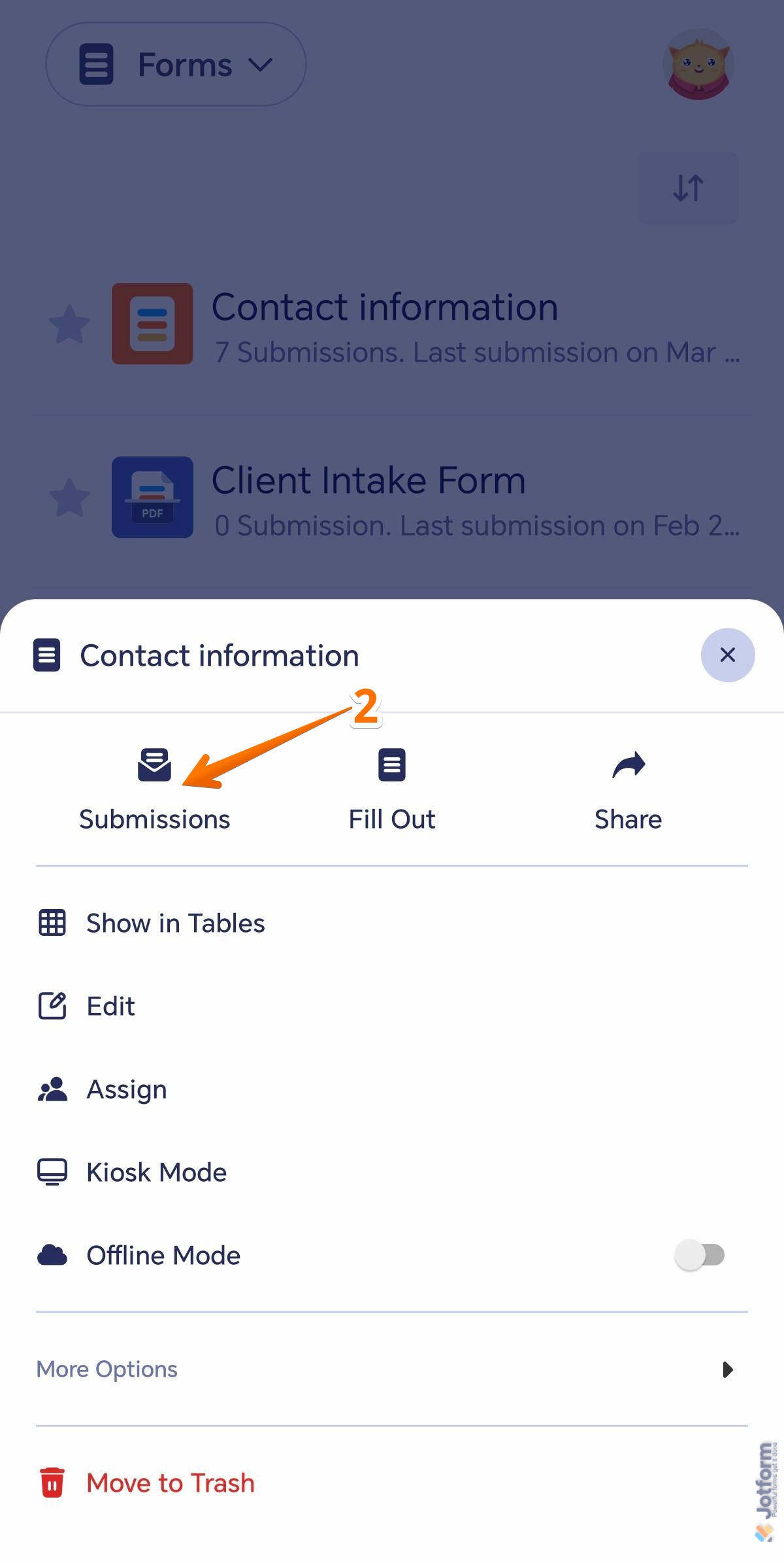 Submissions option in the Form menu of the Jotform Mobile Forms app