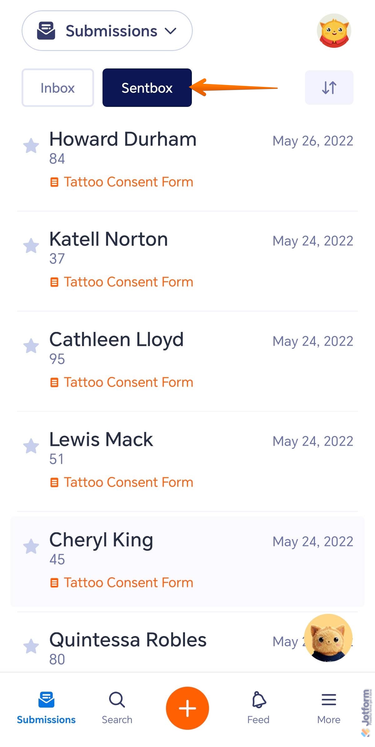 Sentbox tab of the Submissions screen in the Jotform Mobile Forms app