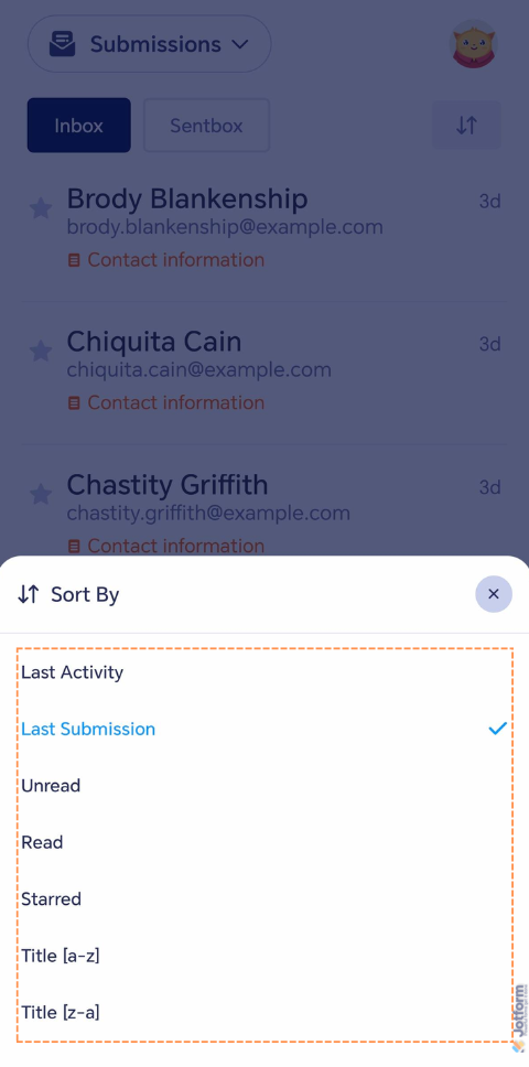 Sort By menu when filtering submissions in the Jotform Mobile Forms app