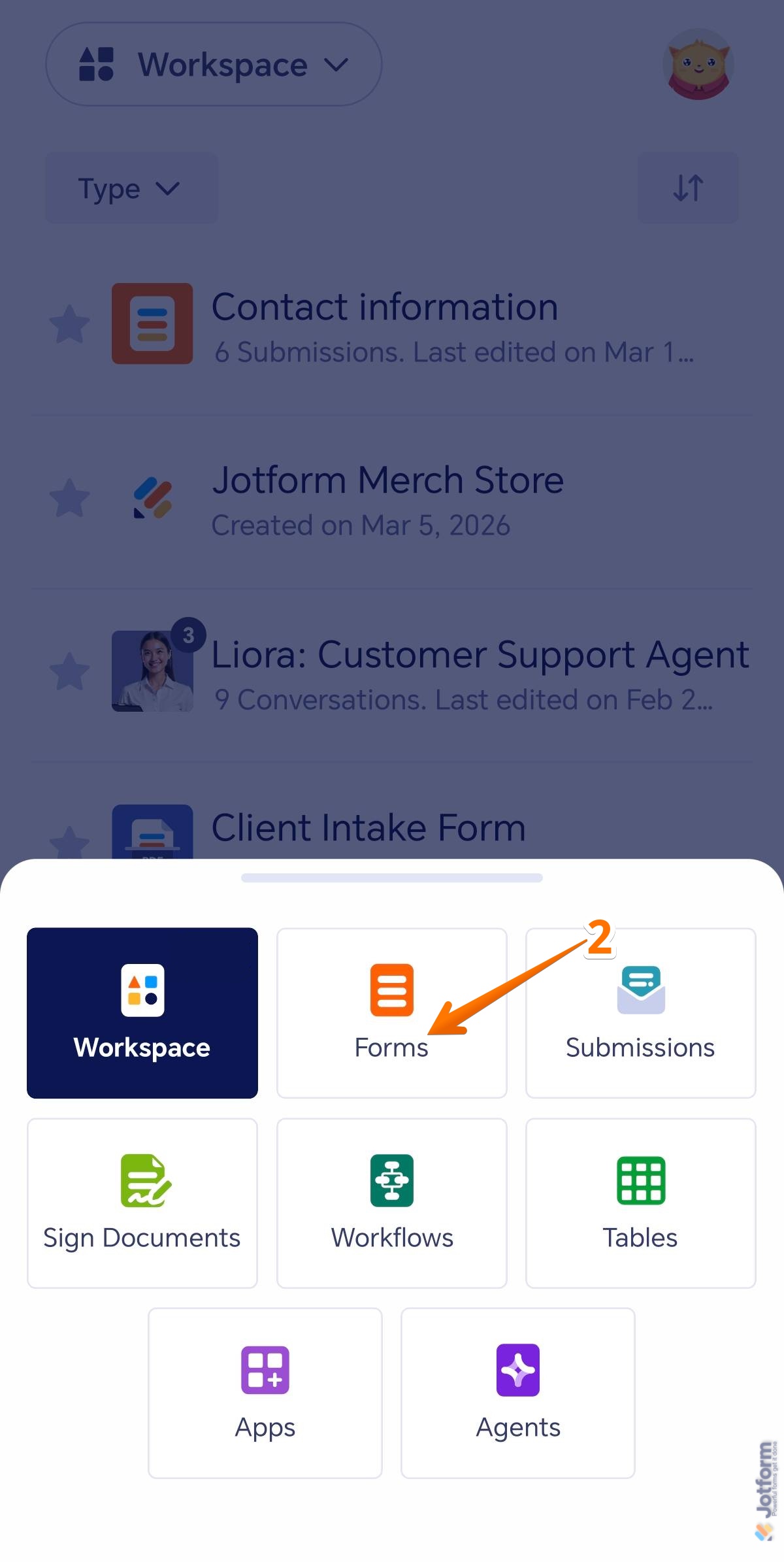 Forms menu in the Jotform Mobile Forms app