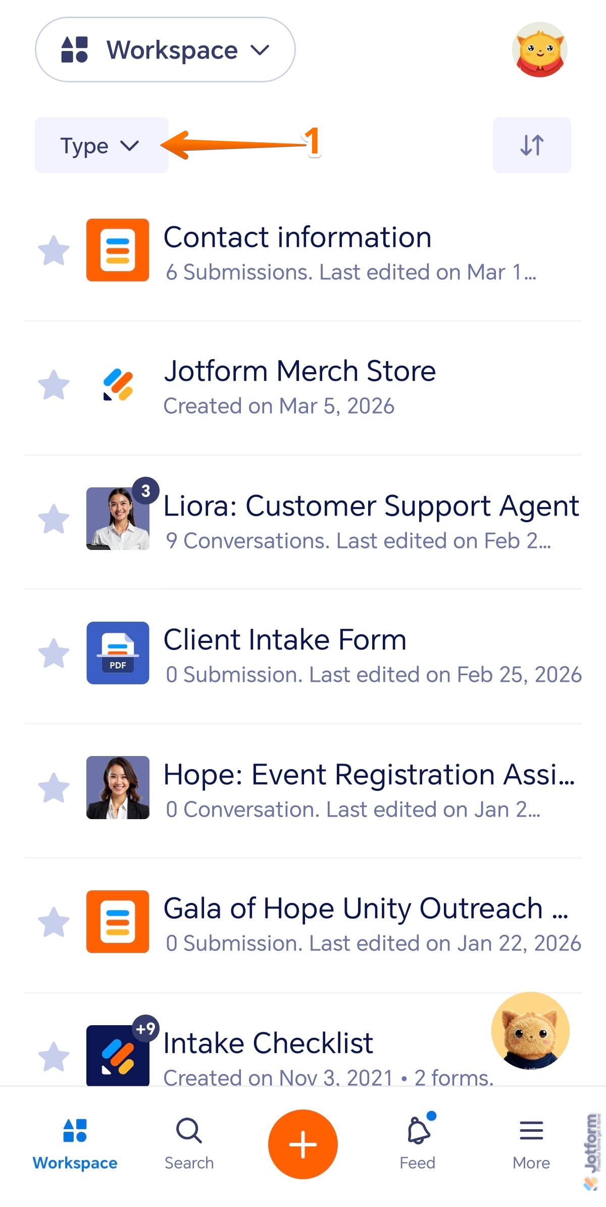 Type dropdown menu in the Workspace screen of the Jotform Mobile Forms app