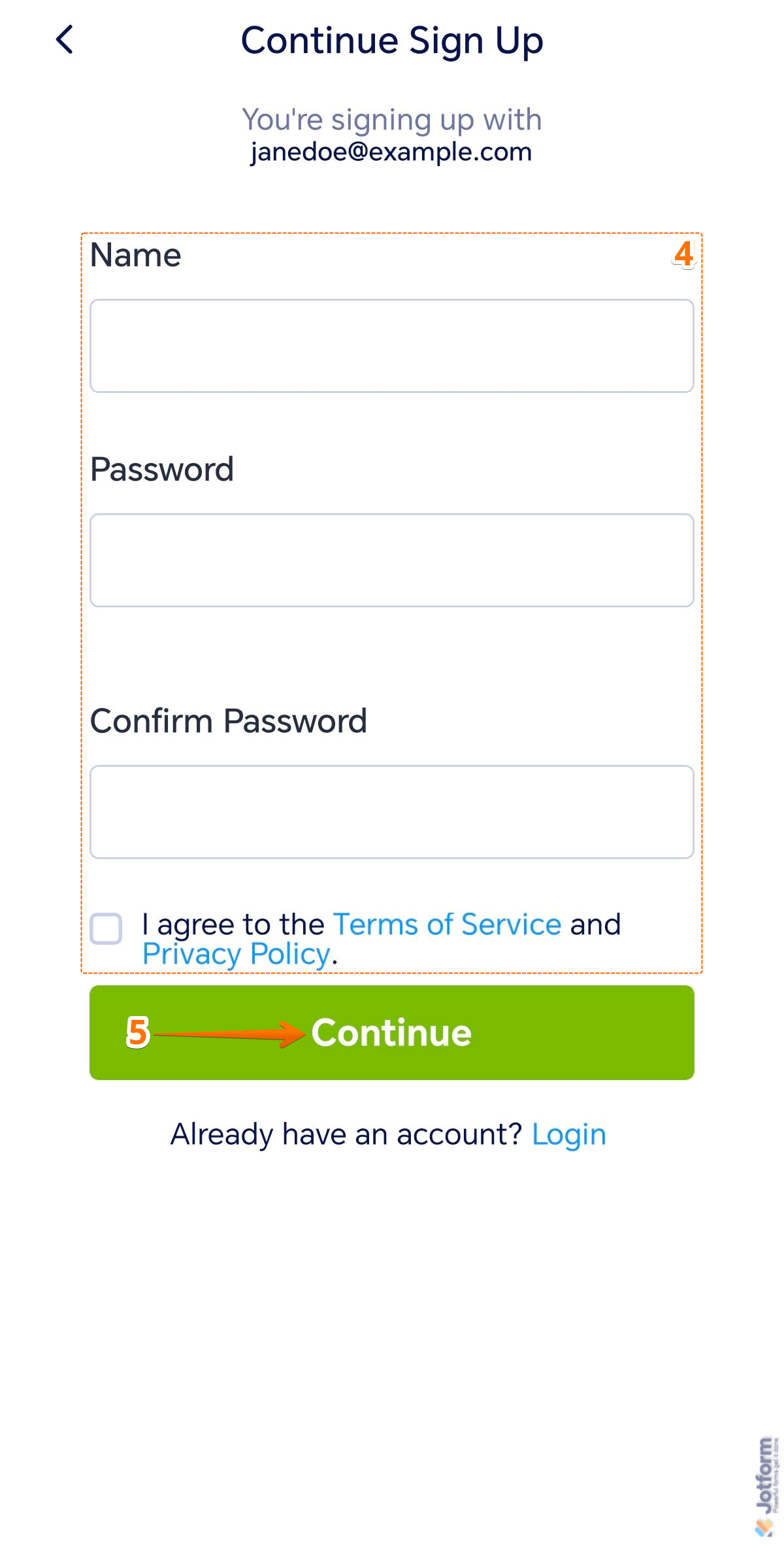 Continue Sign Up screen of the Jotform Mobile Forms app